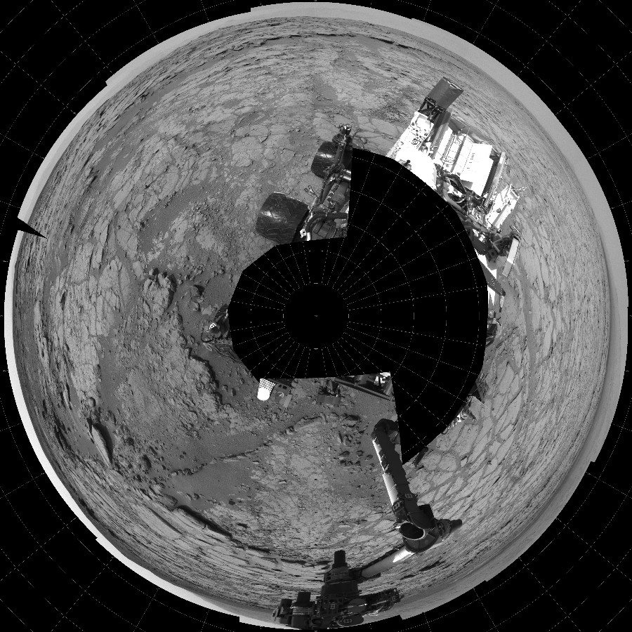NASA's Mars rover Curiosity took 18 images in Gale Crater using its mast-mounted Left Navigation Camera (Navcam) to create this mosaic. The seam-corrected mosaic provides a polar stereographic projection panorama of the Martian surface with 0 degrees azimuth (measured clockwise from north) at the top of the image. Curiosity took the images on January 04, 2013, Sol 147 of the Mars Science Laboratory mission at drive 1902, site number 5. The local mean solar time for the image exposures was from 1 PM to 2 PM. Each Navcam image has a 45-degree field of view. CREDIT: NASA/JPL-Caltech