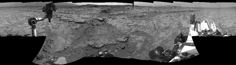 NASA's Mars rover Curiosity took 18 images in Gale Crater using its mast-mounted Right Navigation Camera (Navcam) to create this mosaic. The seam-corrected mosaic provides a 360-degree cylindrical-perspective projection panorama of the Martian surface suitable for stereo viewing, centered at 61 degrees azimuth (measured clockwise from north). This single-eye view must be combined with the partner left image to be viewed in stereo.  Curiosity took the images on January 04, 2013, Sol 147 of the Mars Science Laboratory mission at drive 1902, site number 5. The local mean solar time for the image exposures was from 1 PM to 2 PM. Each Navcam image has a 45-degree field of view. CREDIT: NASA/JPL-Caltech