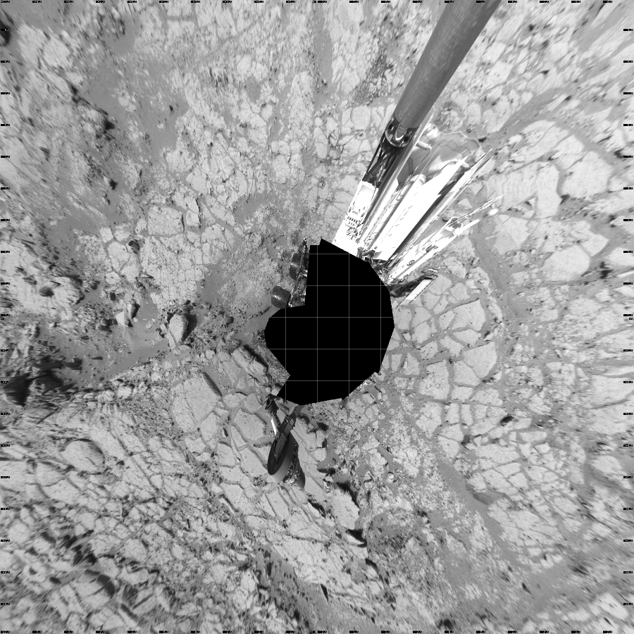 NASA's Mars rover Curiosity took 17 images in Gale Crater using its mast-mounted Left Navigation Camera (Navcam) to create this mosaic. The seam-corrected mosaic provides a vertical projection of the Martian surface near the rover, covering an area of 20 meters (north/south) by 20 meters (east/west). North is up in the image. This projection provides an overhead view, but introduces distortion for items not on the surface, such as large rocks and the rover itself.  Curiosity took the images on January 09, 2013, Sol 152 of the Mars Science Laboratory mission at drive 1954, site number 5. The local mean solar time for the image exposures was 1 PM. Each Navcam image has a 45-degree field of view. CREDIT: NASA/JPL-Caltech