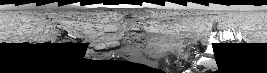 NASA's Mars rover Curiosity took 17 images in Gale Crater using its mast-mounted Right Navigation Camera (Navcam) to create this mosaic. The seam-corrected mosaic provides a 360-degree cylindrical-perspective projection panorama of the Martian surface suitable for stereo viewing, centered at 63 degrees azimuth (measured clockwise from north). This single-eye view must be combined with the partner left image to be viewed in stereo.  Curiosity took the images on January 09, 2013, Sol 152 of the Mars Science Laboratory mission at drive 1954, site number 5. The local mean solar time for the image exposures was 1 PM. Each Navcam image has a 45-degree field of view. CREDIT: NASA/JPL-Caltech