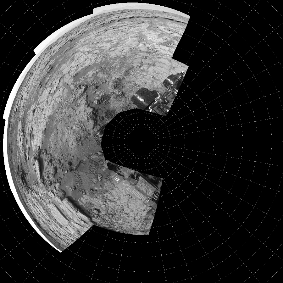 NASA's Mars rover Curiosity took 11 images in Gale Crater using its mast-mounted Left Navigation Camera (Navcam) to create this mosaic. The seam-corrected mosaic provides a polar stereographic projection panorama of the Martian surface with 0 degrees azimuth (measured clockwise from north) at the top of the image. Curiosity took the images on January 17, 2013, Sol 159 of the Mars Science Laboratory mission at drive 1986, site number 5. The local mean solar time for the image exposures was 2 PM. Each Navcam image has a 45-degree field of view. CREDIT: NASA/JPL-Caltech