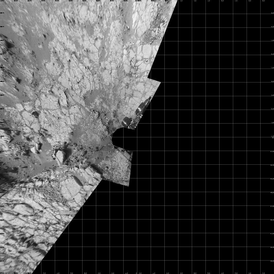 NASA's Mars rover Curiosity took 11 images in Gale Crater using its mast-mounted Left Navigation Camera (Navcam) to create this mosaic. The seam-corrected mosaic provides a vertical projection of the Martian surface near the rover, covering an area of 20 meters (north/south) by 20 meters (east/west). North is up in the image. This projection provides an overhead view, but introduces distortion for items not on the surface, such as large rocks and the rover itself.  Curiosity took the images on January 17, 2013, Sol 159 of the Mars Science Laboratory mission at drive 1986, site number 5. The local mean solar time for the image exposures was 2 PM. Each Navcam image has a 45-degree field of view. CREDIT: NASA/JPL-Caltech