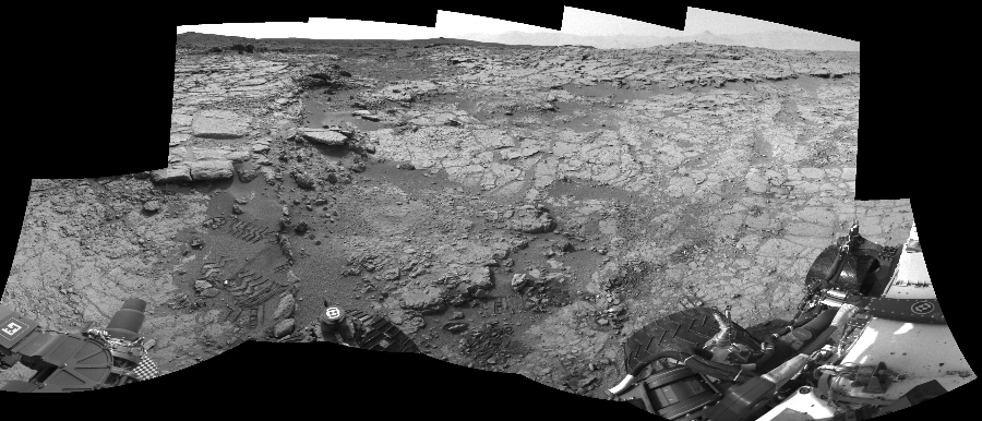 NASA's Mars rover Curiosity took 11 images in Gale Crater using its mast-mounted Right Navigation Camera (Navcam) to create this mosaic. The seam-corrected mosaic provides a 236-degree cylindrical-perspective projection panorama of the Martian surface suitable for stereo viewing, centered at 67 degrees azimuth (measured clockwise from north). This single-eye view must be combined with the partner left image to be viewed in stereo.  Curiosity took the images on January 17, 2013, Sol 159 of the Mars Science Laboratory mission at drive 1986, site number 5. The local mean solar time for the image exposures was 2 PM. Each Navcam image has a 45-degree field of view. CREDIT: NASA/JPL-Caltech