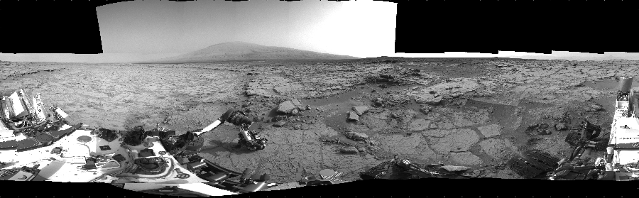 NASA's Mars rover Curiosity took 40 images in Gale Crater using its mast-mounted Left Navigation Camera (Navcam) to create this mosaic. The seam-corrected mosaic provides a 360-degree cylindrical projection panorama of the Martian surface centered at 180 degrees azimuth (measured clockwise from north). Curiosity took the images on January 26, 2013, Sols 168-169 of the Mars Science Laboratory mission at drive 0, site number 6. The local mean solar time for the image exposures was from 3 PM to 4 PM. Each Navcam image has a 45 degree field of view. CREDIT: NASA/JPL-Caltech