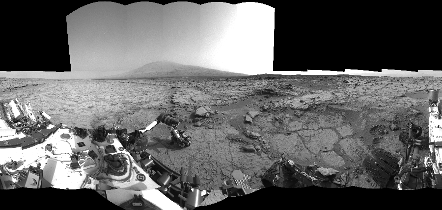 NASA's Mars rover Curiosity took 40 images in Gale Crater using its mast-mounted Left Navigation Camera (Navcam) to create this mosaic. The seam-corrected mosaic provides a 360-degree cylindrical-perspective projection panorama of the Martian surface suitable for stereo viewing, centered at 14 degrees azimuth (measured clockwise from north). This single-eye view must be combined with the partner right image to be viewed in stereo.  Curiosity took the images on January 26, 2013, Sols 168-169 of the Mars Science Laboratory mission at drive 0, site number 6. The local mean solar time for the image exposures was from 3 PM to 4 PM. Each Navcam image has a 45-degree field of view. CREDIT: NASA/JPL-Caltech