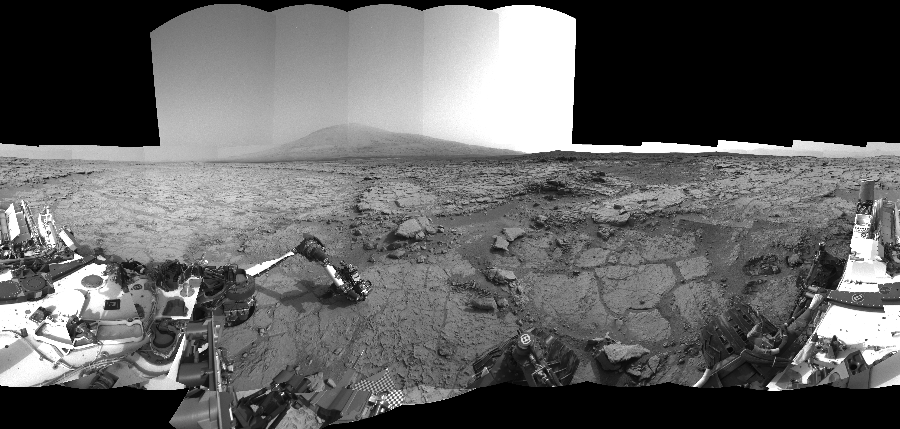 NASA's Mars rover Curiosity took 40 images in Gale Crater using its mast-mounted Right Navigation Camera (Navcam) to create this mosaic. The seam-corrected mosaic provides a 360-degree cylindrical-perspective projection panorama of the Martian surface suitable for stereo viewing, centered at 7 degrees azimuth (measured clockwise from north). This single-eye view must be combined with the partner left image to be viewed in stereo. Curiosity took the images on January 26, 2013, Sols 168-169 of the Mars Science Laboratory mission at drive 0, site number 6. The local mean solar time for the image exposures was from 3 PM to 4 PM. Each Navcam image has a 45-degree field of view. CREDIT: NASA/JPL-Caltech