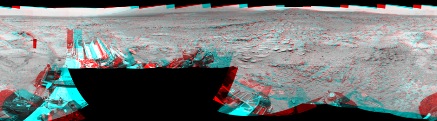 NASA's Mars rover Curiosity took 18 image pairs in Gale Crater using its mast-mounted Navigation Camera (Navcam) to create this mosaic. The seam-corrected mosaic provides a 360-degree cylindrical perspective projection panorama of the Martian surface suitable for stereo viewing, centered at 305 degrees azimuth (measured clockwise from north). This anaglyph must be viewed with red/blue glasses (red over left eye). Curiosity took the images on June 19, 2013, Sol 308 of the Mars Science Laboratory mission at drive 646, site number 6. The local mean solar time for the image exposures was from 1 PM to 12 PM. Each Navcam image has a 45-degree field of view. CREDIT: NASA/JPL-Caltech