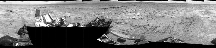 NASA's Mars rover Curiosity took 18 images in Gale Crater using its mast-mounted Left Navigation Camera (Navcam) to create this mosaic. The seam-corrected mosaic provides a 360-degree cylindrical projection panorama of the Martian surface centered at 180 degrees azimuth (measured clockwise from north). Curiosity took the images on June 19, 2013, Sol 308 of the Mars Science Laboratory mission at drive 646, site number 6. The local mean solar time for the image exposures was from 1 PM to 12 PM. Each Navcam image has a 45 degree field of view. CREDIT: NASA/JPL-Caltech