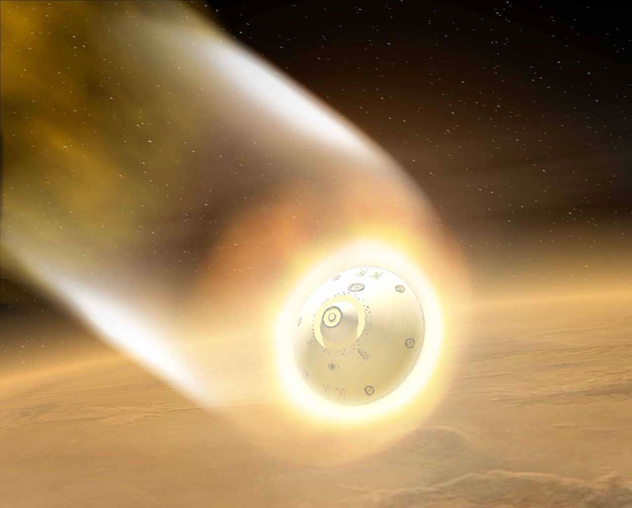 The aeroshell protects the rover from fiery temperatures as it enters the Martian atmosphere in January, 2004.