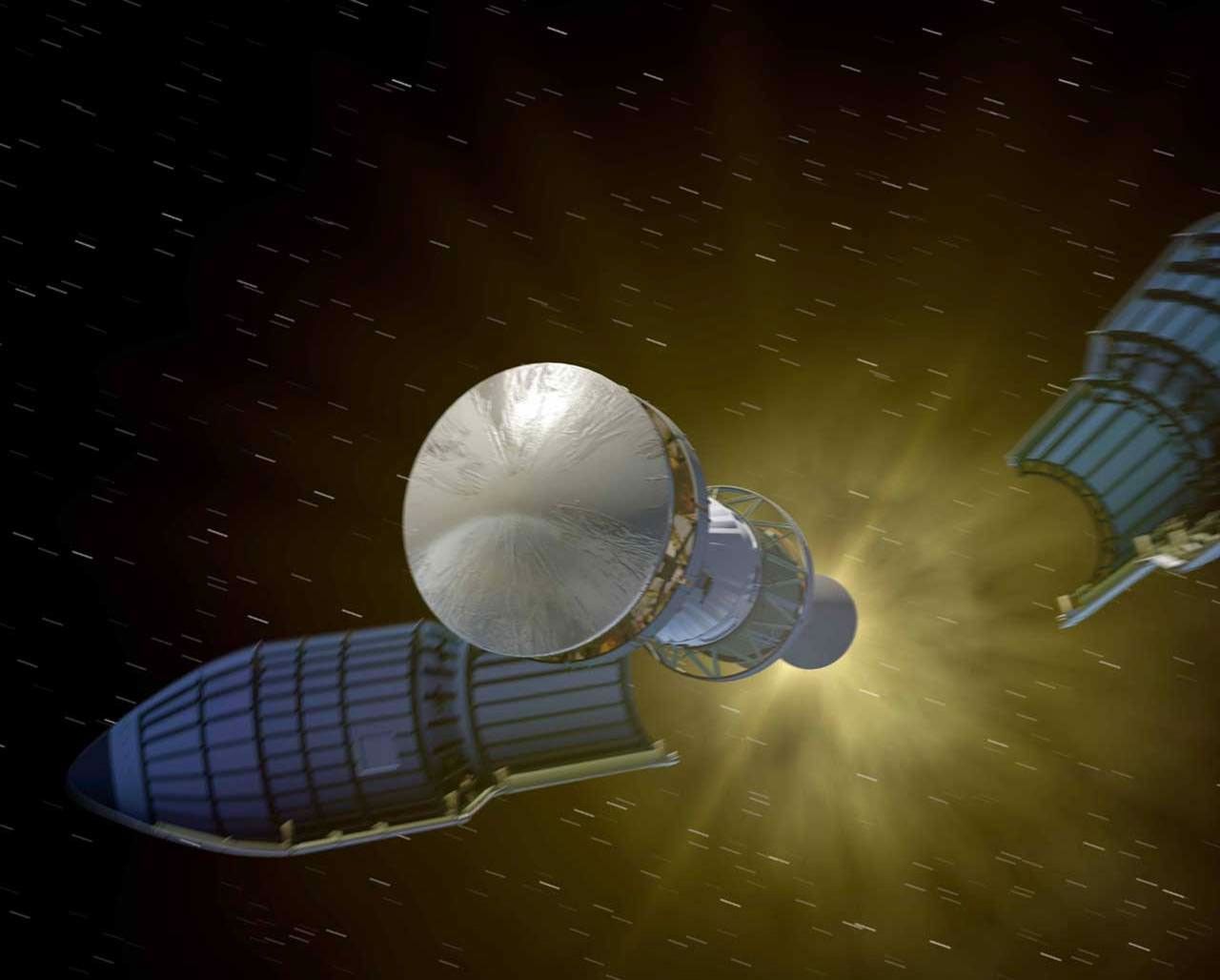 The nose cone of the rocket separates during the launch phase and the Mars Exploration Rover is sent on a seven-month journey to Mars.