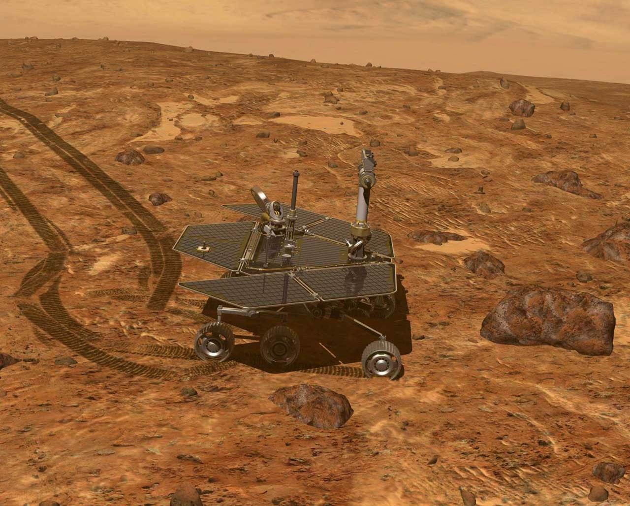 Artist's concept of controlling the rover from Earth, scientists drive the rover along Mars' surface inspecting geological features.