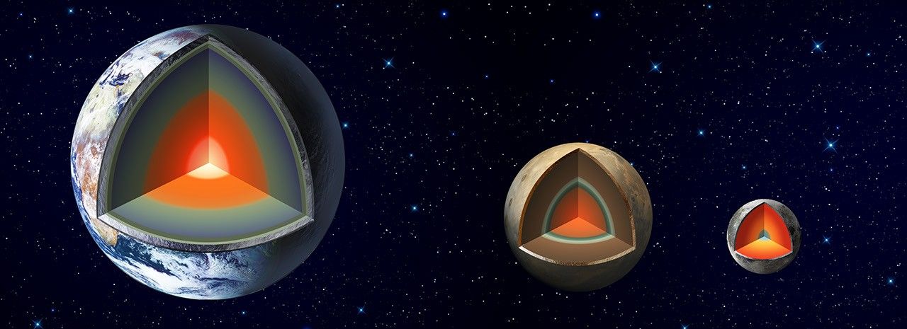 Artist's concept of the interiors of Earth, Mars and Earth's moon.