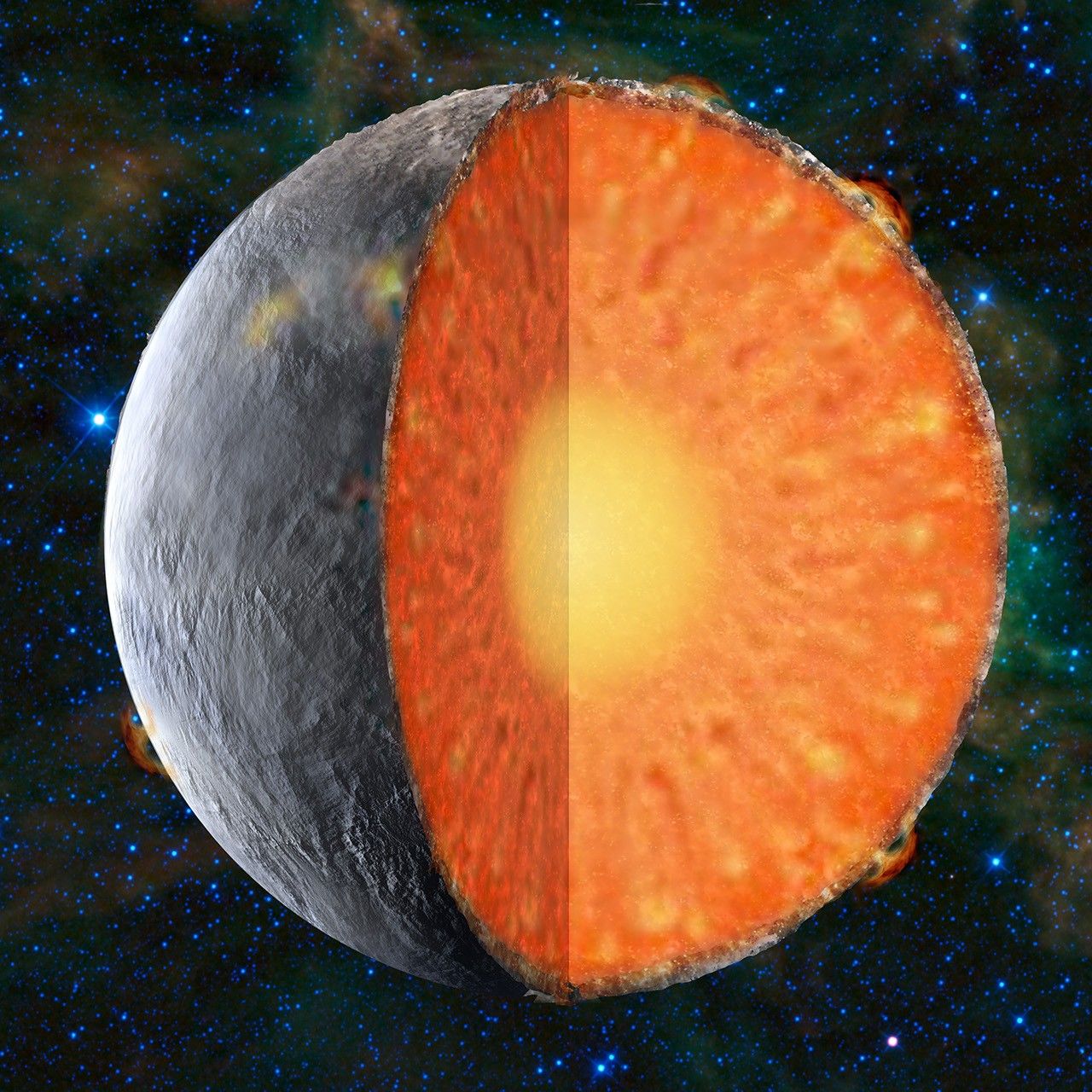 Artist rendition of the formation of rocky bodies in the solar system - how they form and differentiate and evolve into terrestrial planets.