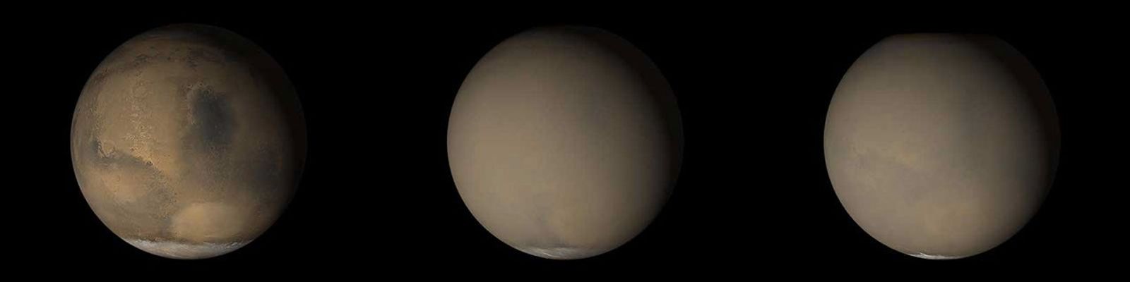 two global mars views, one clear one hazy