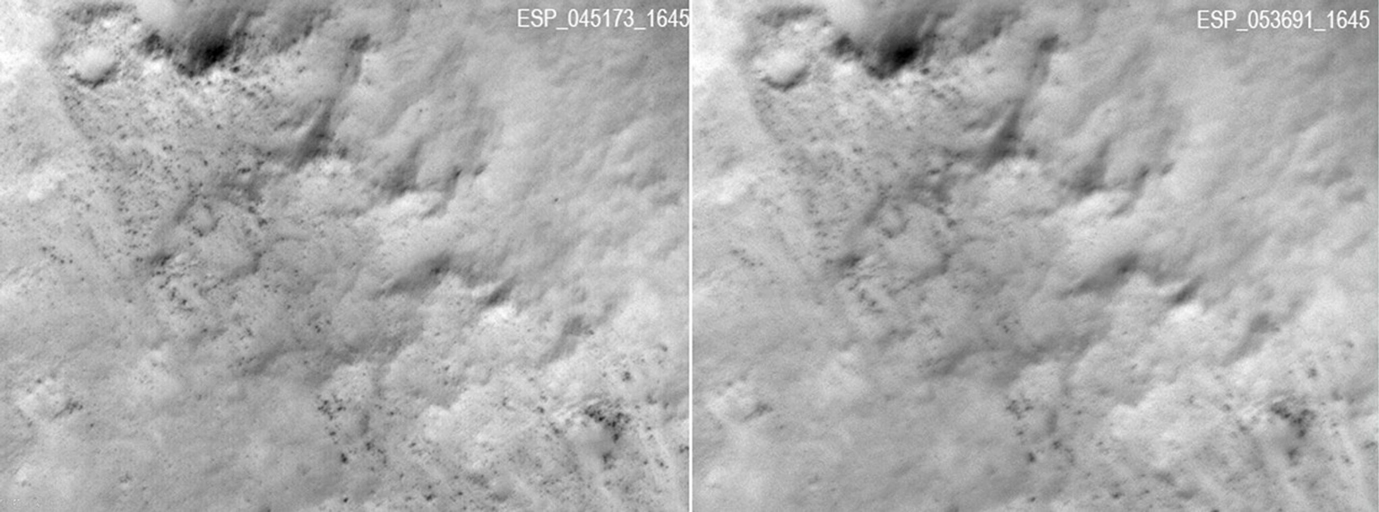 two side-by-side images of martian landscape from above, one blurry