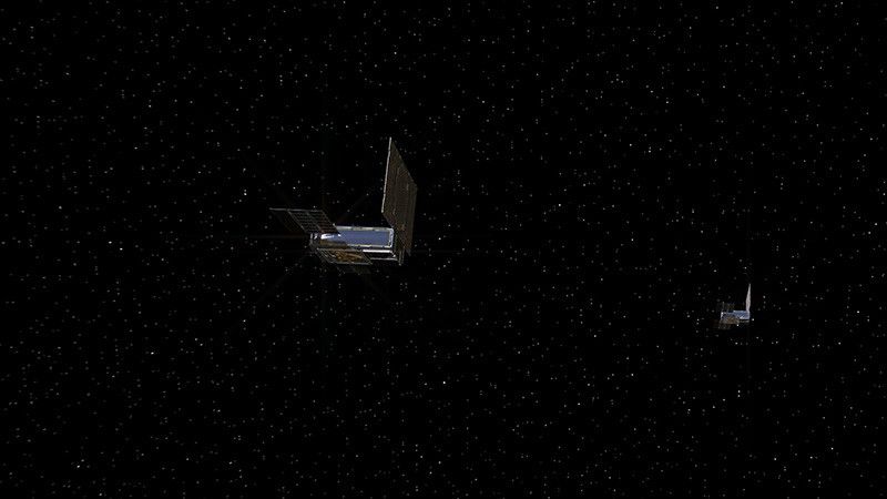 An artist's rendering of the twin Mars Cube One (MarCO) spacecraft on their cruise in deep space.