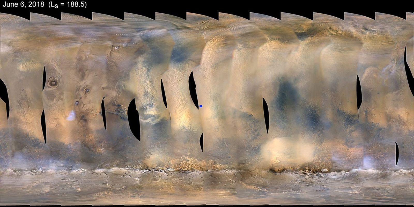 This global map of Mars shows a growing dust storm as of June 6, 2018. The map was produced by the Mars Color Imager (MARCI) camera on NASA's Mars Reconnaissance Orbiter spacecraft.