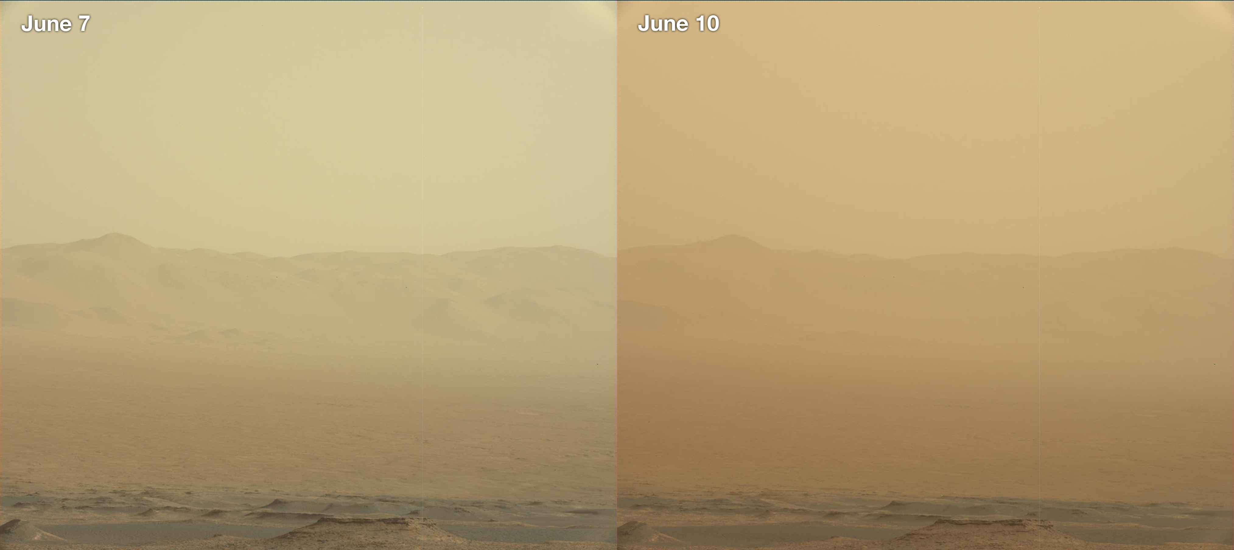 This set of images from NASA’s Mars Reconnaissance Orbiter shows a fierce dust storm is kicking up on Mars, with rovers on the surface indicated as icons.