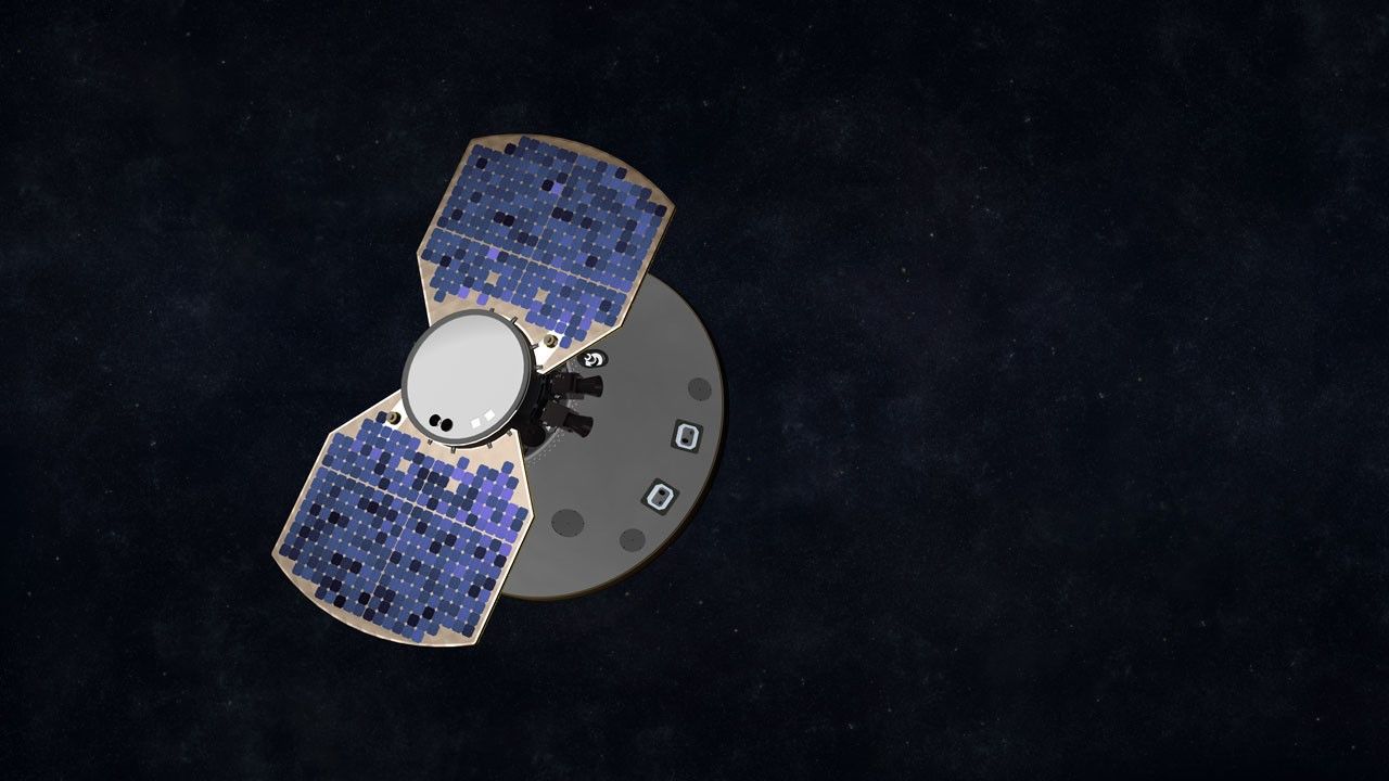 This artist's concept shows the InSight spacecraft, encapsulated in its aeroshell, as it cruises to Mars.