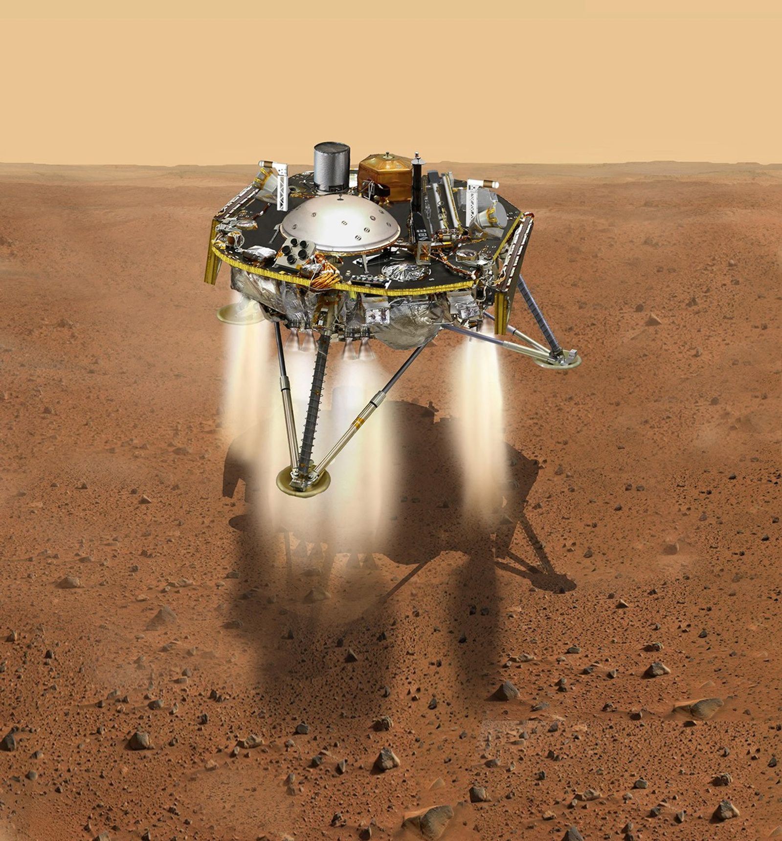 This is an illustration showing a simulated view of NASA's InSight about to land on the surface of Mars. This view shows the top of the spacecraft.