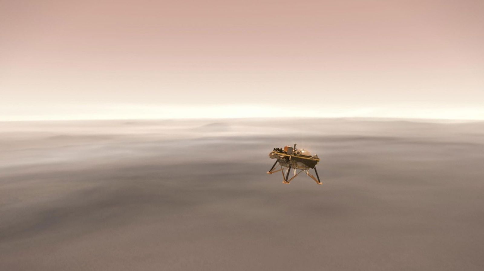 This illustration shows a simulated view of NASA's InSight lander firing retrorockets to slow down as it descends toward the surface of Mars.