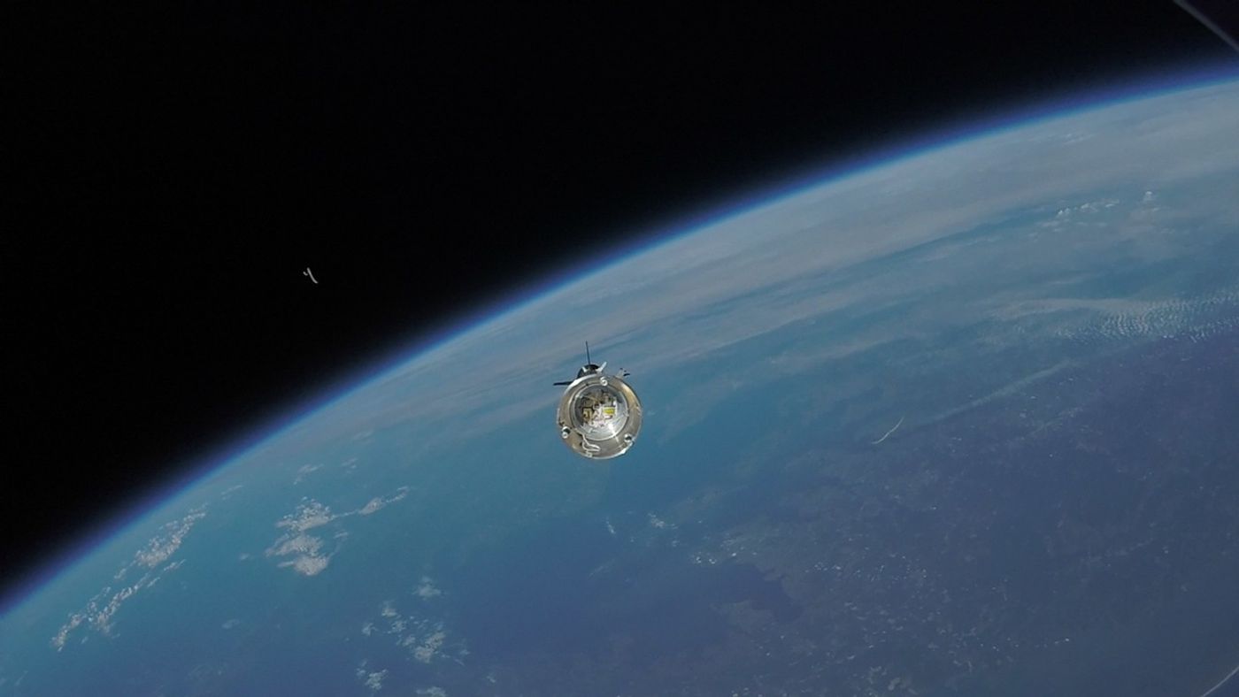 In this image, the second stage of the Black Brant IX sounding rocket separates from the ASPIRE payload. The third and final flight test of the ASPIRE payload was launched from NASA's Wallops Flight Facility on Sept. 7, 2018.