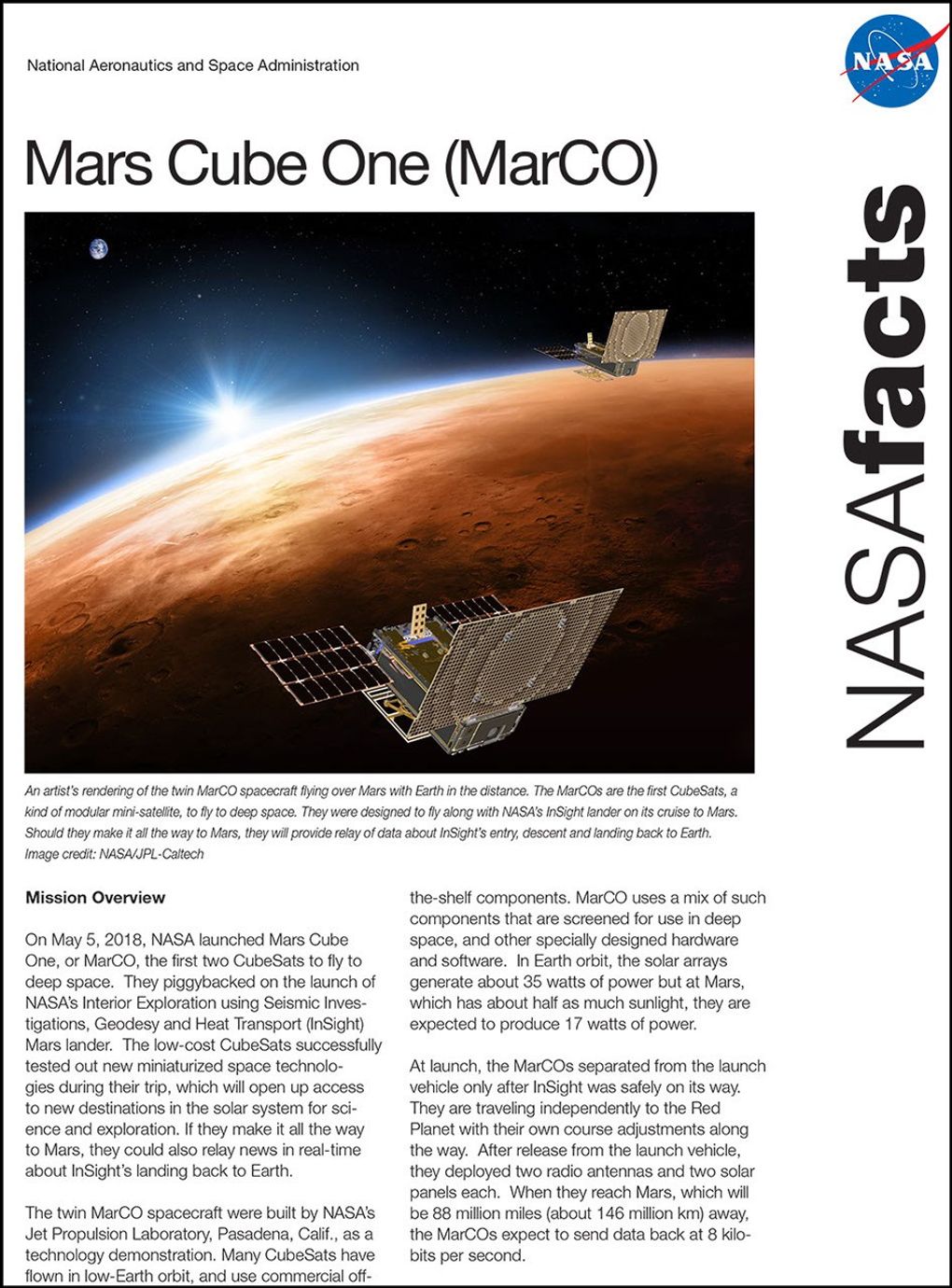 Download a PDF of the Mars Cube One (MarCO) Fact Sheet.