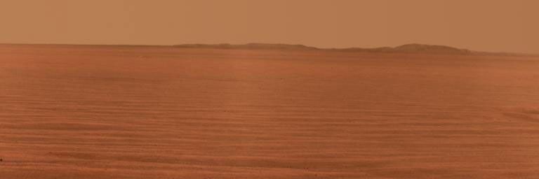 NASA's Mars Exploration Rover Opportunity used its panoramic camera to record this eastward horizon view on the 2,407th Martian day, or sol, of the rover's work on Mars (Oct. 31, 2010).