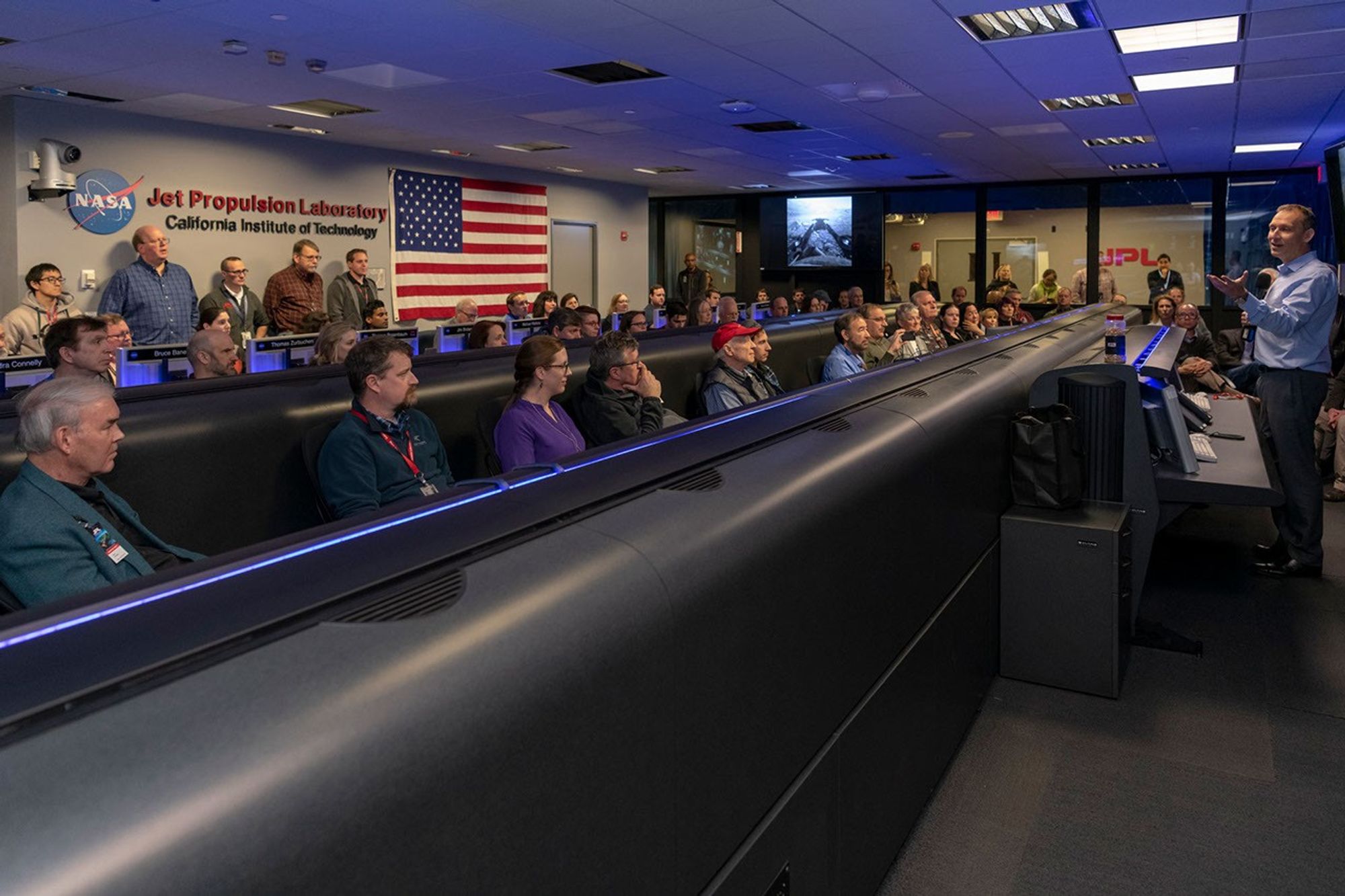 NASA Associate Administrator for Science Thomas Zurbuchen addressed the Opportunity rover team inside Mission Control at NASA’s Jet Propulsion Laboratory in Pasadena, California, a few hours before the team made its last attempts to listen for the rover’s signal from Mars. The image was taken on Feb. 12, 2019.
