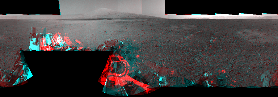 NASA's Mars rover Curiosity took 23 image pairs in Gale Crater using its mast-mounted Navigation Camera (Navcam) to create this mosaic. The seam-corrected mosaic provides a 360-degree cylindrical perspective projection panorama of the Martian surface suitable for stereo viewing, centered at 311 degrees azimuth (measured clockwise from north). This anaglyph must be viewed with red/blue glasses (red over left eye).  Curiosity took the images on August 23, 2012, Sols 16-17 of the Mars Science Laboratory mission at drive 78, site number 3. The local mean solar time for the image exposures was from 2 PM to 4 PM. Each Navcam image has a 45-degree field of view. CREDIT: NASA/JPL-Caltech
