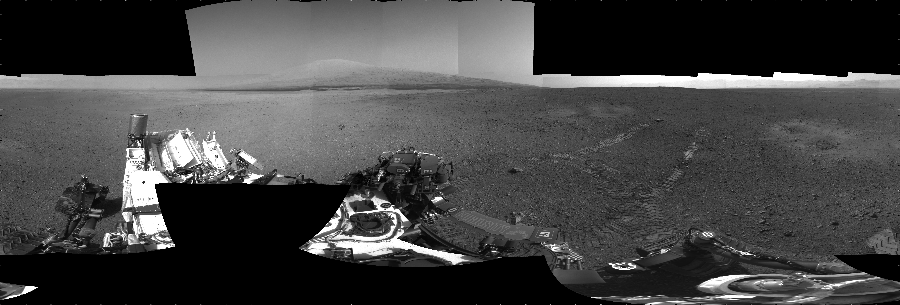 NASA's Mars rover Curiosity took 25 images in Gale Crater using its mast-mounted Left Navigation Camera (Navcam) to create this mosaic. The seam-corrected mosaic provides a 360-degree cylindrical projection panorama of the Martian surface centered at 180 degrees azimuth (measured clockwise from north). Curiosity took the images on August 23, 2012, Sols 16-17 of the Mars Science Laboratory mission at drive 78, site number 3. The local mean solar time for the image exposures was from 2 PM to 4 PM. Each Navcam image has a 45 degree field of view. CREDIT: NASA/JPL-Caltech
