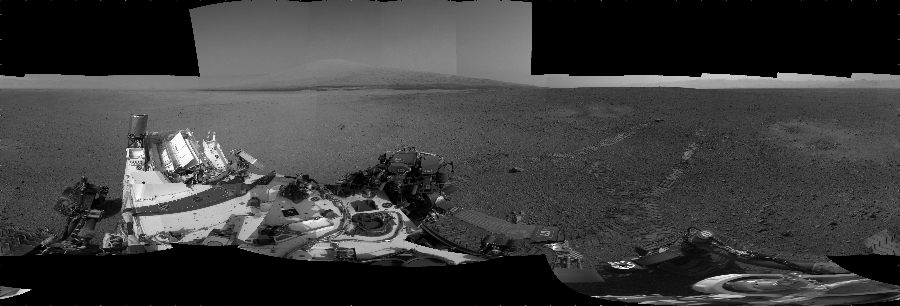 NASA's Mars rover Curiosity took 27 images in Gale Crater using its mast-mounted Left Navigation Camera (Navcam) to create this mosaic. The seam-corrected mosaic provides a 360-degree cylindrical projection panorama of the Martian surface centered at 180 degrees azimuth (measured clockwise from north). Curiosity took the images on August 23, 2012, Sol 16 of the Mars Science Laboratory mission at drive 78, site number 3. The local mean solar time for the image exposures was 2 PM. Each Navcam image has a 45 degree field of view. CREDIT: NASA/JPL-Caltech