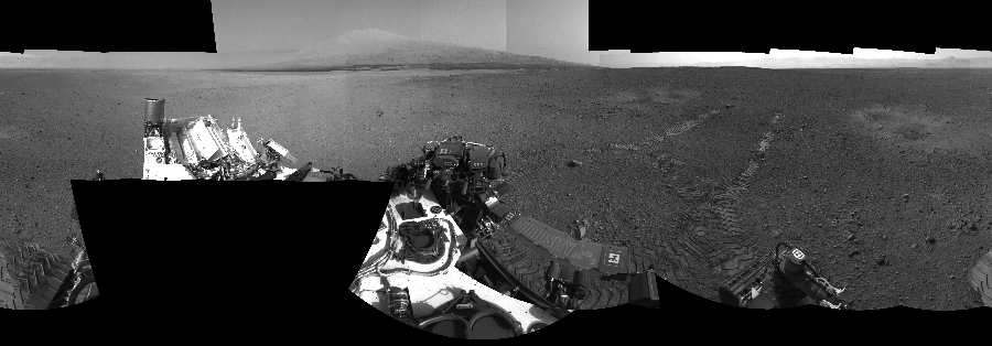 NASA's Mars rover Curiosity took 23 images in Gale Crater using its mast-mounted Left Navigation Camera (Navcam) to create this mosaic. The seam-corrected mosaic provides a 360-degree cylindrical-perspective projection panorama of the Martian surface suitable for stereo viewing, centered at 311 degrees azimuth (measured clockwise from north). This single-eye view must be combined with the partner right image to be viewed in stereo.  Curiosity took the images on August 23, 2012, Sols 16-17 of the Mars Science Laboratory mission at drive 78, site number 3. The local mean solar time for the image exposures was from 2 PM to 4 PM. Each Navcam image has a 45-degree field of view. CREDIT: NASA/JPL-Caltech