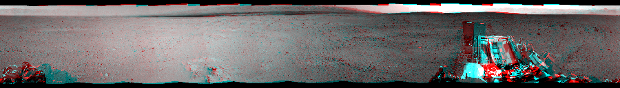 NASA's Mars rover Curiosity took 12 image pairs in Gale Crater using its mast-mounted Navigation Camera (Navcam) to create this mosaic. The seam-corrected mosaic provides a 360-degree cylindrical perspective projection panorama of the Martian surface suitable for stereo viewing, centered at 89 degrees azimuth (measured clockwise from north). This anaglyph must be viewed with red/blue glasses (red over left eye).  Curiosity took the images on September 14, 2012, Sol 38 of the Mars Science Laboratory mission at drive 404, site number 4. The local mean solar time for the image exposures was 2 PM. Each Navcam image has a 45-degree field of view. CREDIT: NASA/JPL-Caltech
