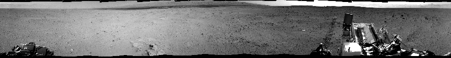 NASA's Mars rover Curiosity took 12 images in Gale Crater using its mast-mounted Left Navigation Camera (Navcam) to create this mosaic. The seam-corrected mosaic provides a 360-degree cylindrical projection panorama of the Martian surface centered at 180 degrees azimuth (measured clockwise from north). Curiosity took the images on September 14, 2012, Sol 38 of the Mars Science Laboratory mission at drive 404, site number 4. The local mean solar time for the image exposures was 2 PM. Each Navcam image has a 45 degree field of view. CREDIT: NASA/JPL-Caltech