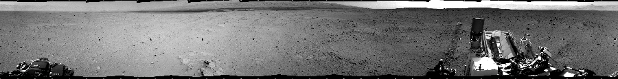 NASA's Mars rover Curiosity took 12 images in Gale Crater using its mast-mounted Left Navigation Camera (Navcam) to create this mosaic. The seam-corrected mosaic provides a 360-degree cylindrical projection panorama of the Martian surface centered at 180 degrees azimuth (measured clockwise from north). Curiosity took the images on September 14, 2012, Sol 38 of the Mars Science Laboratory mission at drive 404, site number 4. The local mean solar time for the image exposures was 2 PM. Each Navcam image has a 45 degree field of view. CREDIT: NASA/JPL-Caltech