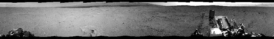 NASA's Mars rover Curiosity took 12 images in Gale Crater using its mast-mounted Left Navigation Camera (Navcam) to create this mosaic. The seam-corrected mosaic provides a 360-degree cylindrical-perspective projection panorama of the Martian surface suitable for stereo viewing, centered at 89 degrees azimuth (measured clockwise from north). This single-eye view must be combined with the partner right image to be viewed in stereo.  Curiosity took the images on September 14, 2012, Sol 38 of the Mars Science Laboratory mission at drive 404, site number 4. The local mean solar time for the image exposures was 2 PM. Each Navcam image has a 45-degree field of view. CREDIT: NASA/JPL-Caltech