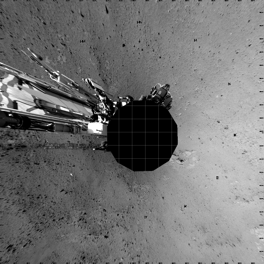 NASA's Mars rover Curiosity took 12 images in Gale Crater using its mast-mounted Left Navigation Camera (Navcam) to create this mosaic. The seam-corrected mosaic provides a vertical projection of the Martian surface near the rover, covering an area of 20 meters (north/south) by 20 meters (east/west). North is up in the image. This projection provides an overhead view, but introduces distortion for items not on the surface, such as large rocks and the rover itself.  Curiosity took the images on September 14, 2012, Sol 38 of the Mars Science Laboratory mission at drive 404, site number 4. The local mean solar time for the image exposures was 2 PM. Each Navcam image has a 45-degree field of view. CREDIT: NASA/JPL-Caltech