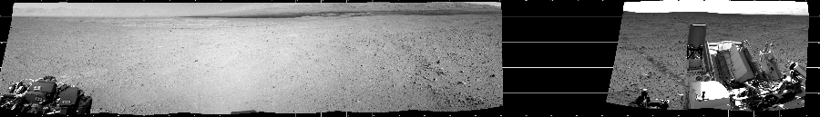 NASA's Mars rover Curiosity took 8 images in Gale Crater using its mast-mounted Left Navigation Camera (Navcam) to create this mosaic. The seam-corrected mosaic provides a 322-degree cylindrical projection panorama of the Martian surface centered at 165 degrees azimuth (measured clockwise from north). Curiosity took the images on September 16, 2012, Sol 40 of the Mars Science Laboratory mission at drive 916, site number 4. The local mean solar time for the image exposures was 3 PM. Each Navcam image has a 45 degree field of view. CREDIT: NASA/JPL-Caltech