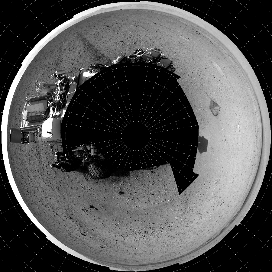 NASA's Mars rover Curiosity took 17 images in Gale Crater using its mast-mounted Left Navigation Camera (Navcam) to create this mosaic. The seam-corrected mosaic provides a polar stereographic projection panorama of the Martian surface with 0 degrees azimuth (measured clockwise from north) at the top of the image. Curiosity took the images on September 19, 2012, Sol 43 of the Mars Science Laboratory mission at drive 2002, site number 4. The local mean solar time for the image exposures was 2 PM. Each Navcam image has a 45-degree field of view. CREDIT: NASA/JPL-Caltech