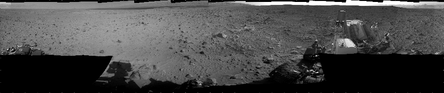 NASA's Mars rover Curiosity took 17 images in Gale Crater using its mast-mounted Left Navigation Camera (Navcam) to create this mosaic. The seam-corrected mosaic provides a 360-degree cylindrical projection panorama of the Martian surface centered at 180 degrees azimuth (measured clockwise from north). Curiosity took the images on September 26, 2012, Sol 49 of the Mars Science Laboratory mission at drive 2778, site number 4. The local mean solar time for the image exposures was 2 PM. Each Navcam image has a 45 degree field of view. CREDIT: NASA/JPL-Caltech