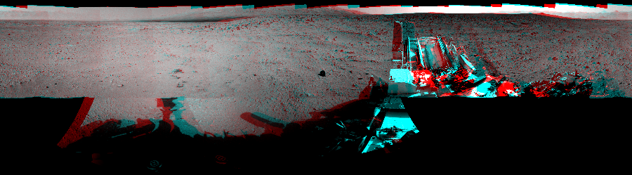 NASA's Mars rover Curiosity took 17 image pairs in Gale Crater using its mast-mounted Navigation Camera (Navcam) to create this mosaic. The seam-corrected mosaic provides a 360-degree cylindrical perspective projection panorama of the Martian surface suitable for stereo viewing, centered at 135 degrees azimuth (measured clockwise from north). This anaglyph must be viewed with red/blue glasses (red over left eye).  Curiosity took the images on September 27, 2012, Sol 50 of the Mars Science Laboratory mission at drive 2956, site number 4. The local mean solar time for the image exposures was from 2 PM to 3 PM. Each Navcam image has a 45-degree field of view. CREDIT: NASA/JPL-Caltech