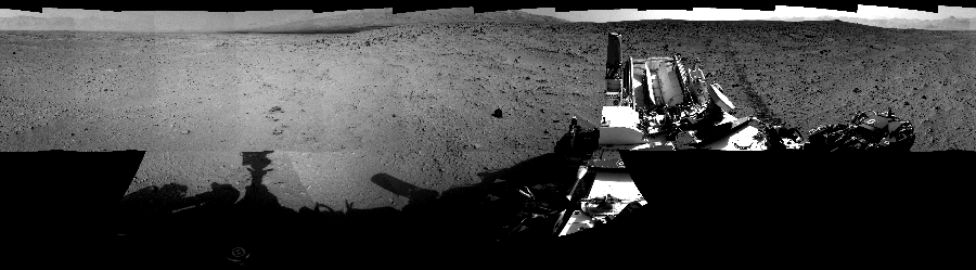 NASA's Mars rover Curiosity took 17 images in Gale Crater using its mast-mounted Right Navigation Camera (Navcam) to create this mosaic. The seam-corrected mosaic provides a 360-degree cylindrical-perspective projection panorama of the Martian surface suitable for stereo viewing, centered at 128 degrees azimuth (measured clockwise from north). This single-eye view must be combined with the partner left image to be viewed in stereo. Curiosity took the images on September 27, 2012, Sol 50 of the Mars Science Laboratory mission at drive 2956, site number 4. The local mean solar time for the image exposures was from 2 PM to 3 PM. Each Navcam image has a 45-degree field of view. CREDIT: NASA/JPL-Caltech