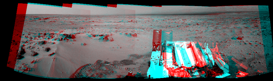 NASA's Mars rover Curiosity took 5 image pairs in Gale Crater using its mast-mounted Navigation Camera (Navcam) to create this mosaic. The seam-corrected mosaic provides a 180-degree cylindrical perspective projection panorama of the Martian surface suitable for stereo viewing, centered at 167 degrees azimuth (measured clockwise from north). This anaglyph must be viewed with red/blue glasses (red over left eye).  Curiosity took the images on November 17, 2012, Sol 100 of the Mars Science Laboratory mission at drive 178, site number 5. The local mean solar time for the image exposures was 3 PM. Each Navcam image has a 45-degree field of view. CREDIT: NASA/JPL-Caltech