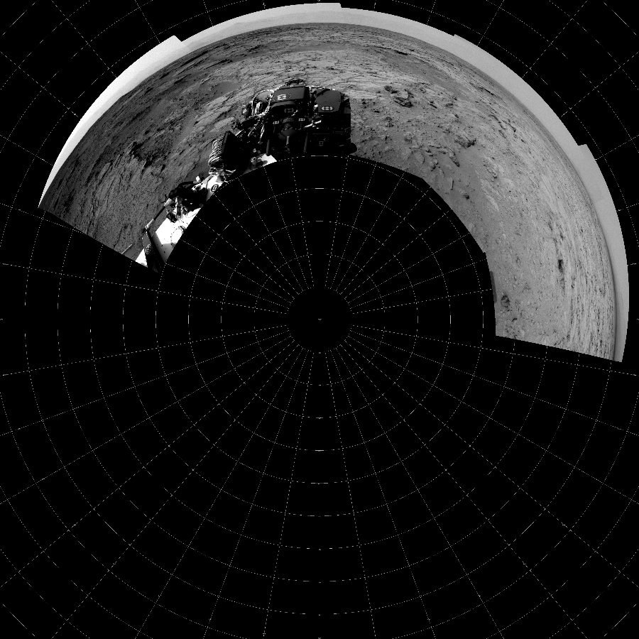 NASA's Mars rover Curiosity took 5 images in Gale Crater using its mast-mounted Left Navigation Camera (Navcam) to create this mosaic. The seam-corrected mosaic provides a polar stereographic projection panorama of the Martian surface with 0 degrees azimuth (measured clockwise from north) at the top of the image. Curiosity took the images on November 28, 2012, Sol 111 of the Mars Science Laboratory mission at drive 432, site number 5. The local mean solar time for the image exposures was 3 PM. Each Navcam image has a 45-degree field of view. CREDIT: NASA/JPL-Caltech