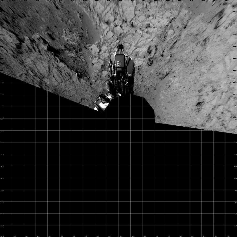 NASA's Mars rover Curiosity took 5 images in Gale Crater using its mast-mounted Left Navigation Camera (Navcam) to create this mosaic. The seam-corrected mosaic provides a vertical projection of the Martian surface near the rover, covering an area of 20 meters (north/south) by 20 meters (east/west). North is up in the image. This projection provides an overhead view, but introduces distortion for items not on the surface, such as large rocks and the rover itself.  Curiosity took the images on November 28, 2012, Sol 111 of the Mars Science Laboratory mission at drive 432, site number 5. The local mean solar time for the image exposures was 3 PM. Each Navcam image has a 45-degree field of view. CREDIT: NASA/JPL-Caltech