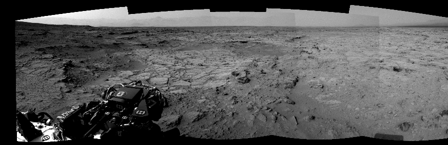 NASA's Mars rover Curiosity took 5 images in Gale Crater using its mast-mounted Right Navigation Camera (Navcam) to create this mosaic. The seam-corrected mosaic provides a 166-degree cylindrical-perspective projection panorama of the Martian surface suitable for stereo viewing, centered at 312 degrees azimuth (measured clockwise from north). This single-eye view must be combined with the partner left image to be viewed in stereo. Curiosity took the images on November 28, 2012, Sol 111 of the Mars Science Laboratory mission at drive 432, site number 5. The local mean solar time for the image exposures was 3 PM. Each Navcam image has a 45-degree field of view. CREDIT: NASA/JPL-Caltech