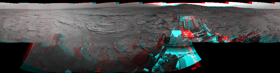NASA's Mars rover Curiosity took 18 image pairs in Gale Crater using its mast-mounted Navigation Camera (Navcam) to create this mosaic. The seam-corrected mosaic provides a 360-degree cylindrical perspective projection panorama of the Martian surface suitable for stereo viewing, centered at 135 degrees azimuth (measured clockwise from north). This anaglyph must be viewed with red/blue glasses (red over left eye). Curiosity took the images on December 08, 2012, Sol 120 of the Mars Science Laboratory mission at drive 742, site number 5. The local mean solar time for the image exposures was from 3 PM to 4 PM. Each Navcam image has a 45-degree field of view. CREDIT: NASA/JPL-Caltech