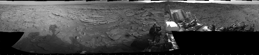 NASA's Mars rover Curiosity took 18 images in Gale Crater using its mast-mounted Left Navigation Camera (Navcam) to create this mosaic. The seam-corrected mosaic provides a 360-degree cylindrical projection panorama of the Martian surface centered at 180 degrees azimuth (measured clockwise from north). Curiosity took the images on December 08, 2012, Sol 120 of the Mars Science Laboratory mission at drive 742, site number 5. The local mean solar time for the image exposures was from 3 PM to 4 PM. Each Navcam image has a 45 degree field of view. CREDIT: NASA/JPL-Caltech