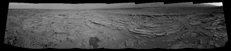NASA's Mars rover Curiosity took 7 images in Gale Crater using its mast-mounted Left Navigation Camera (Navcam) to create this mosaic. The seam-corrected mosaic provides a 237-degree cylindrical-perspective projection panorama of the Martian surface suitable for stereo viewing, centered at 53 degrees azimuth (measured clockwise from north). This single-eye view must be combined with the partner right image to be viewed in stereo. Curiosity took the images on December 08, 2012, Sol 120 of the Mars Science Laboratory mission at drive 742, site number 5. The local mean solar time for the image exposures was 3 PM. Each Navcam image has a 45-degree field of view. CREDIT: NASA/JPL-Caltech
